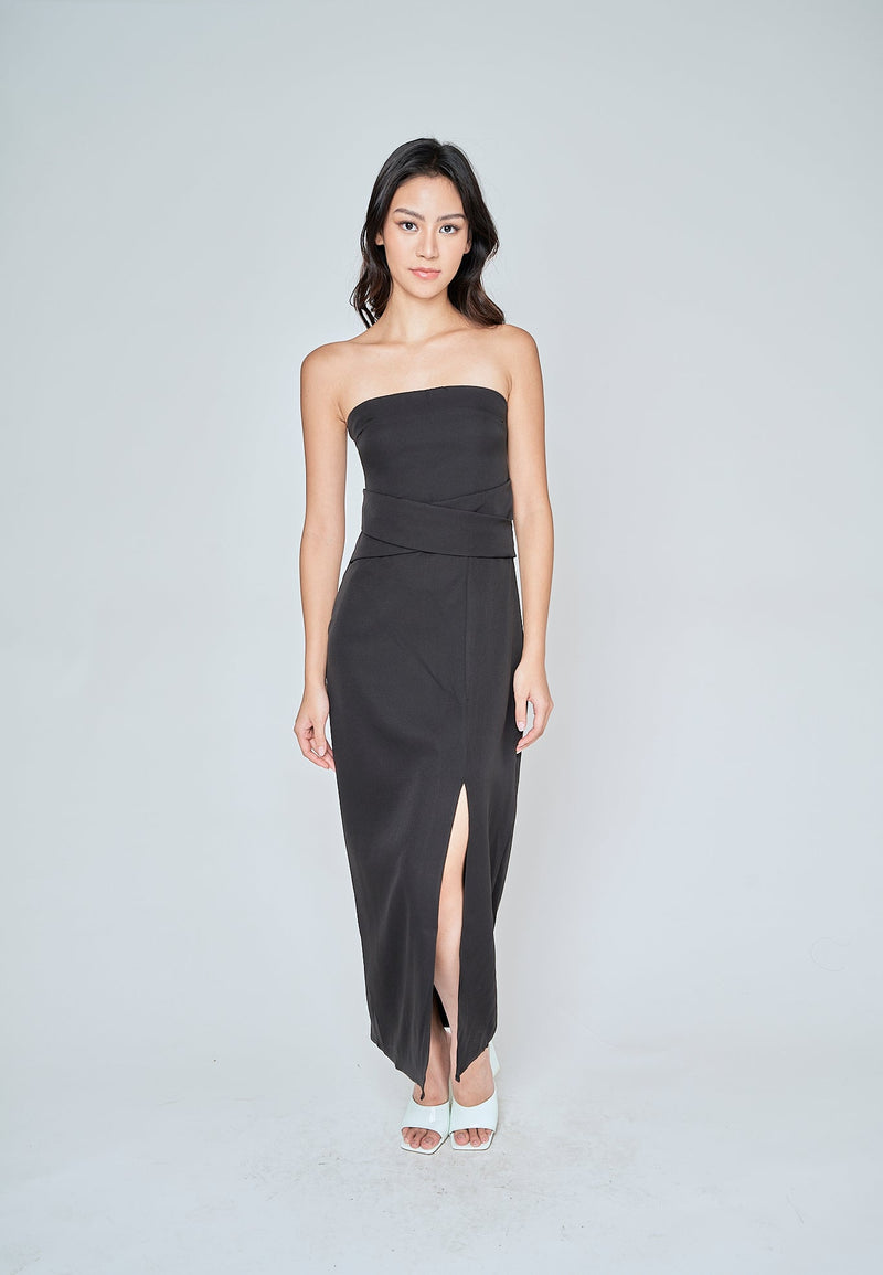 Nixie Black Classic Waist Details High Side Slit Tube Midi Dress