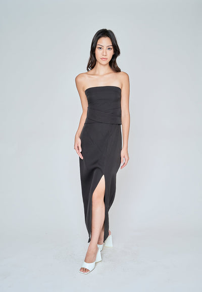 Nixie Black Classic Waist Details High Side Slit Tube Midi Dress