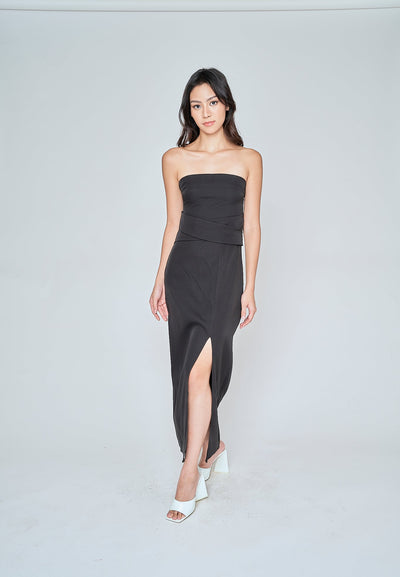 Nixie Black Classic Waist Details High Side Slit Tube Midi Dress