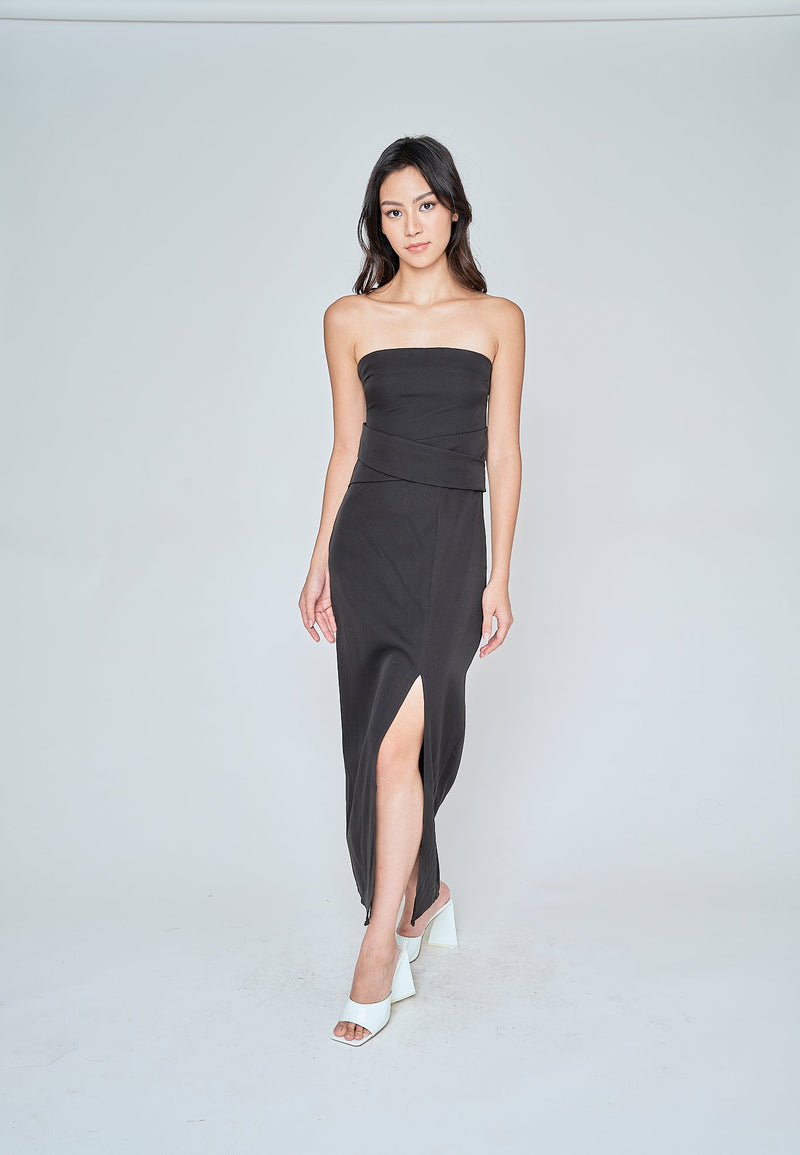 Nixie Black Classic Waist Details High Side Slit Tube Midi Dress