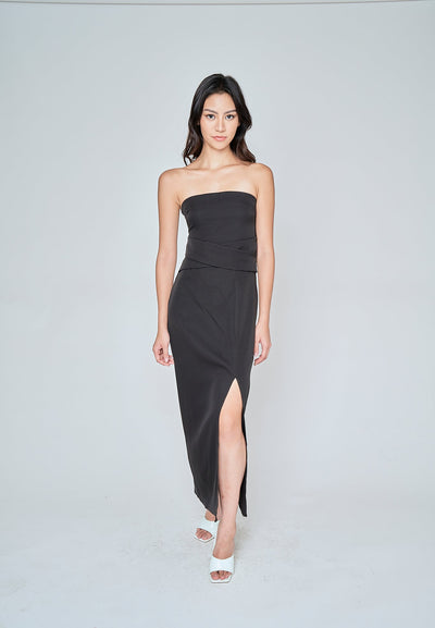 Nixie Black Classic Waist Details High Side Slit Tube Midi Dress