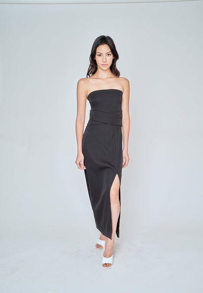 Nixie Black Classic Waist Details High Side Slit Tube Midi Dress
