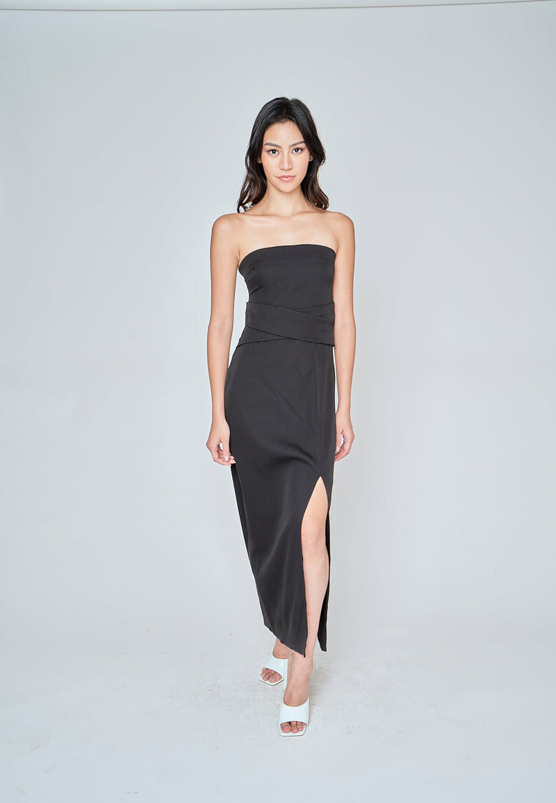 Nixie Black Classic Waist Details High Side Slit Tube Midi Dress