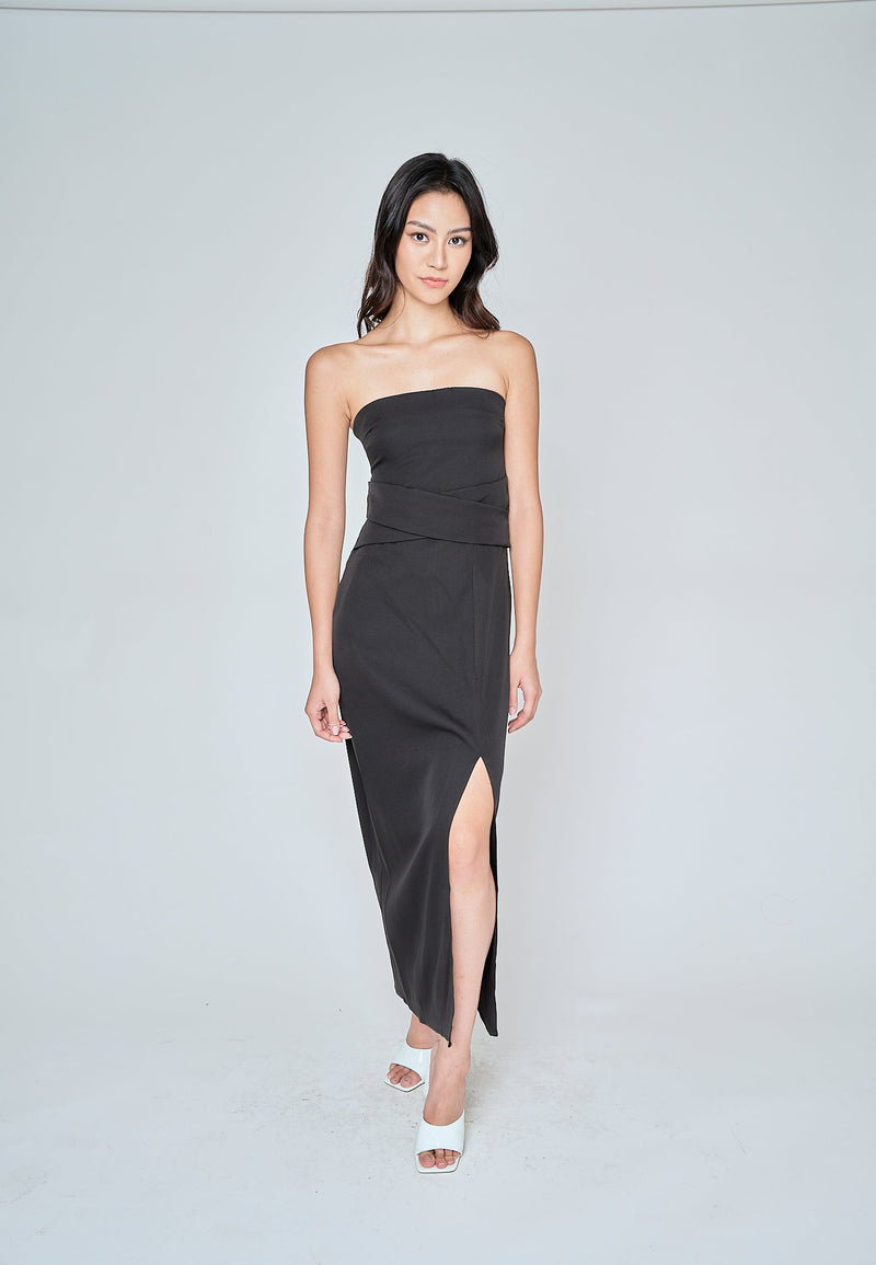 Nixie Black Classic Waist Details High Side Slit Tube Midi Dress