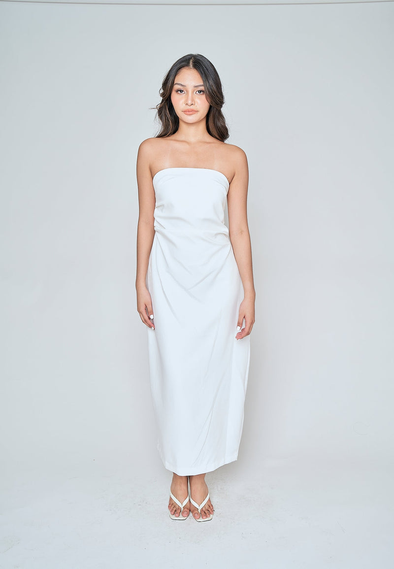 Reya White Classic Straight Cut Tube Midi Dress