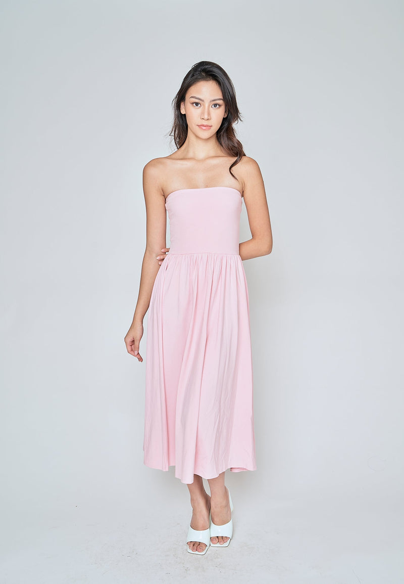 Elara Blush Pink Basic Fit and Flare Tube Midi Dress