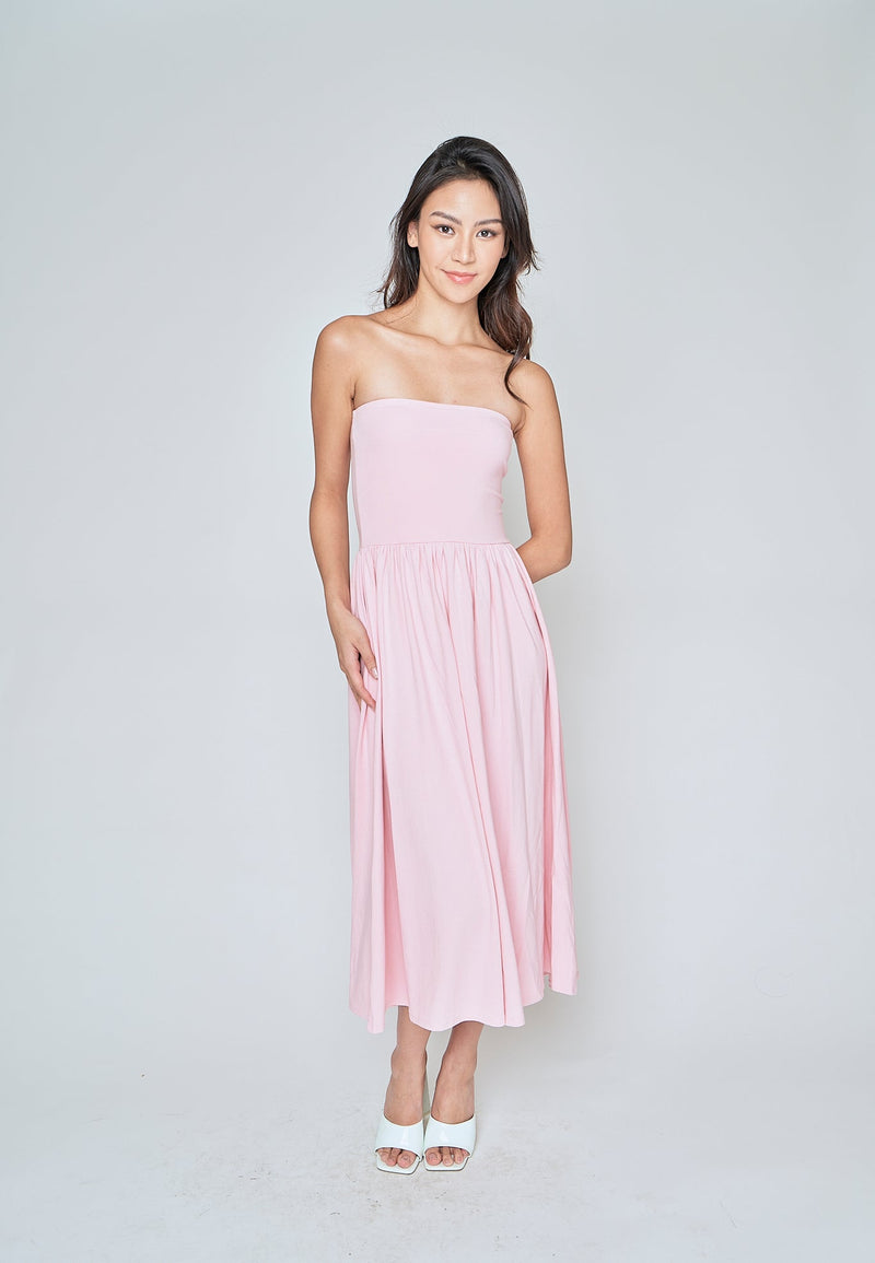 Elara Blush Pink Basic Fit and Flare Tube Midi Dress