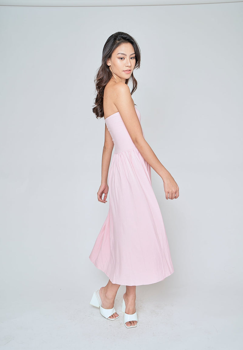 Elara Blush Pink Basic Fit and Flare Tube Midi Dress