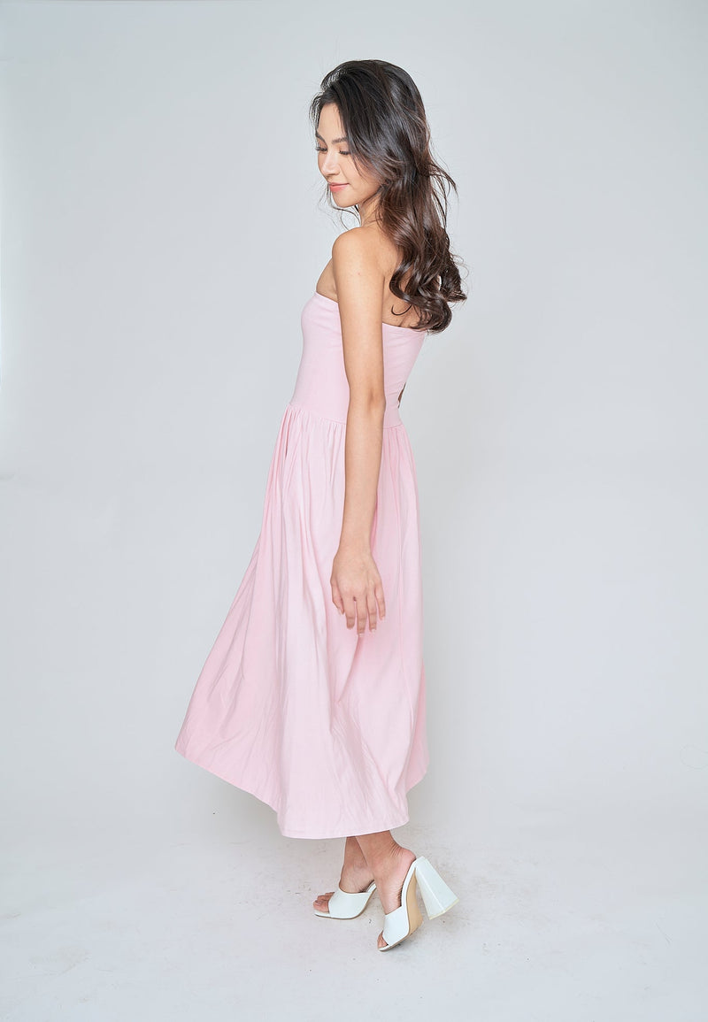 Elara Blush Pink Basic Fit and Flare Tube Midi Dress