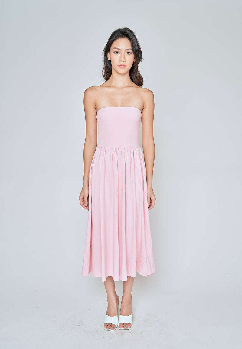 Elara Blush Pink Basic Fit and Flare Tube Midi Dress