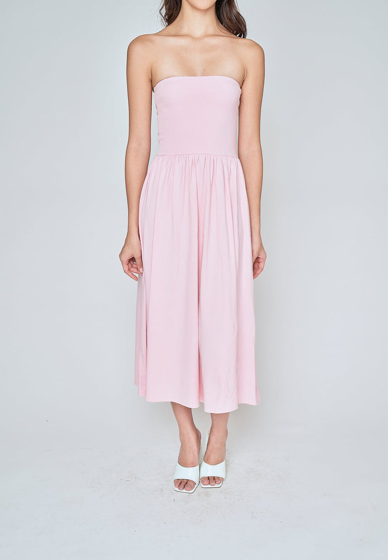 Elara Blush Pink Basic Fit and Flare Tube Midi Dress