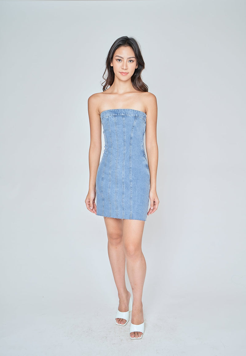 Maliyah Blue Denim Lined Tube Mini Dress