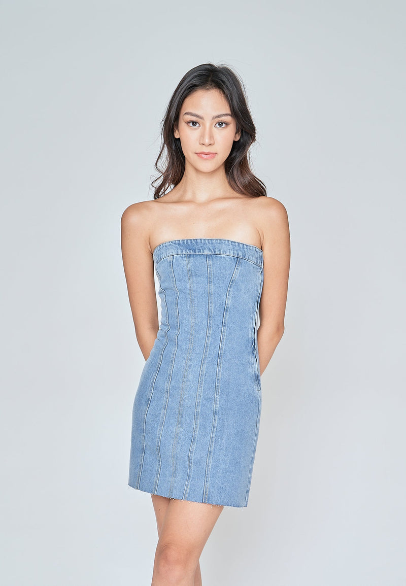 Maliyah Blue Denim Lined Tube Mini Dress