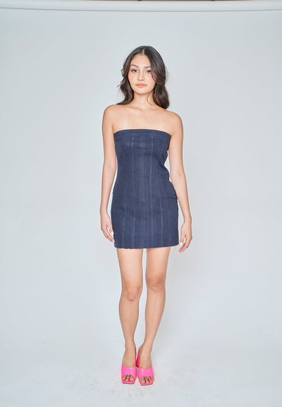 Maliyah Dark Blue Denim Lined Tube Mini Dress