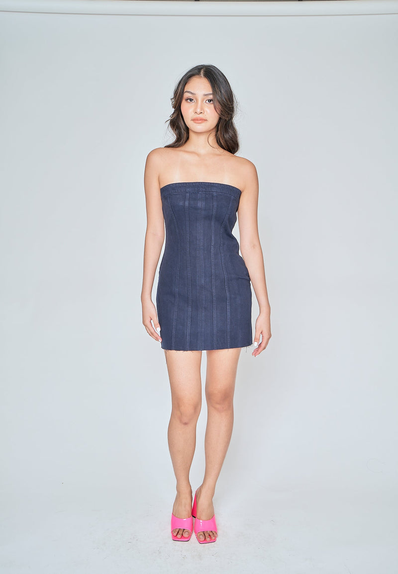 Maliyah Dark Blue Denim Lined Tube Mini Dress