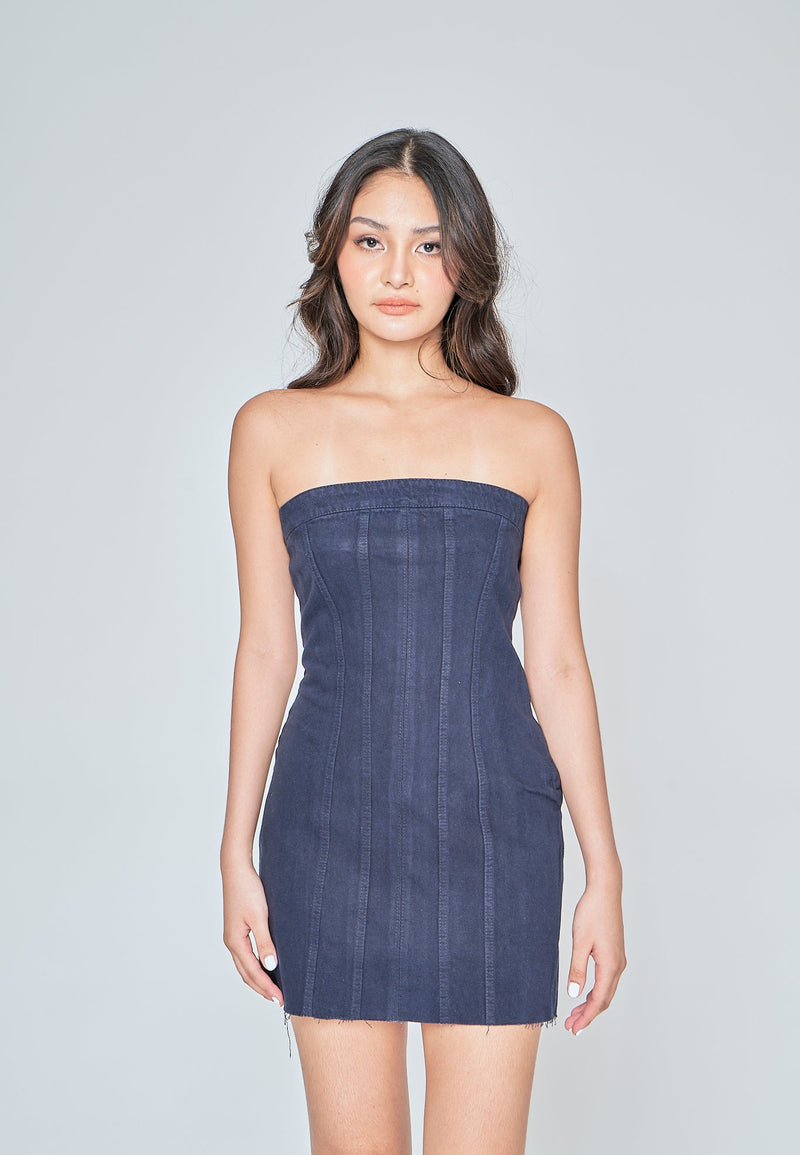 Maliyah Dark Blue Denim Lined Tube Mini Dress