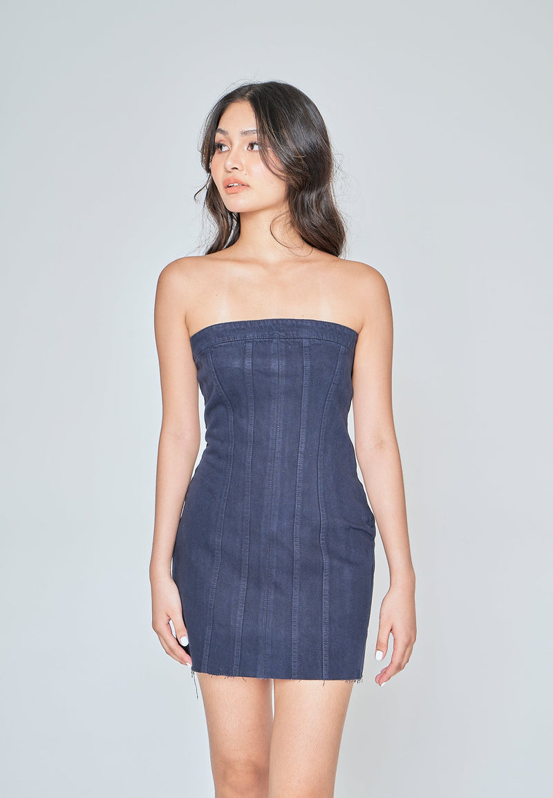 Maliyah Dark Blue Denim Lined Tube Mini Dress