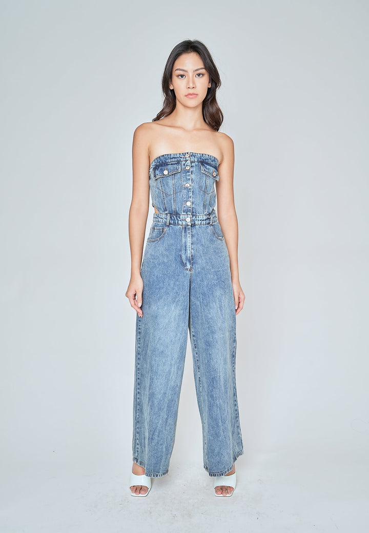 Anaya Blue Denim Multi-Pockets Side Waist Cut Tube Jumpsuit