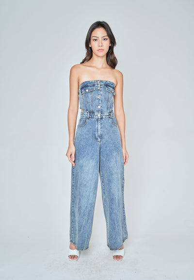 Anaya Blue Denim Multi-Pockets Side Waist Cut Tube Jumpsuit