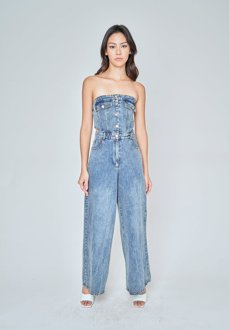 Anaya Blue Denim Multi-Pockets Side Waist Cut Tube Jumpsuit