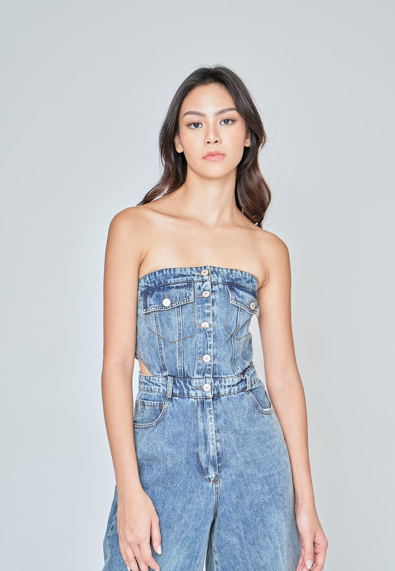 Anaya Blue Denim Multi-Pockets Side Waist Cut Tube Jumpsuit