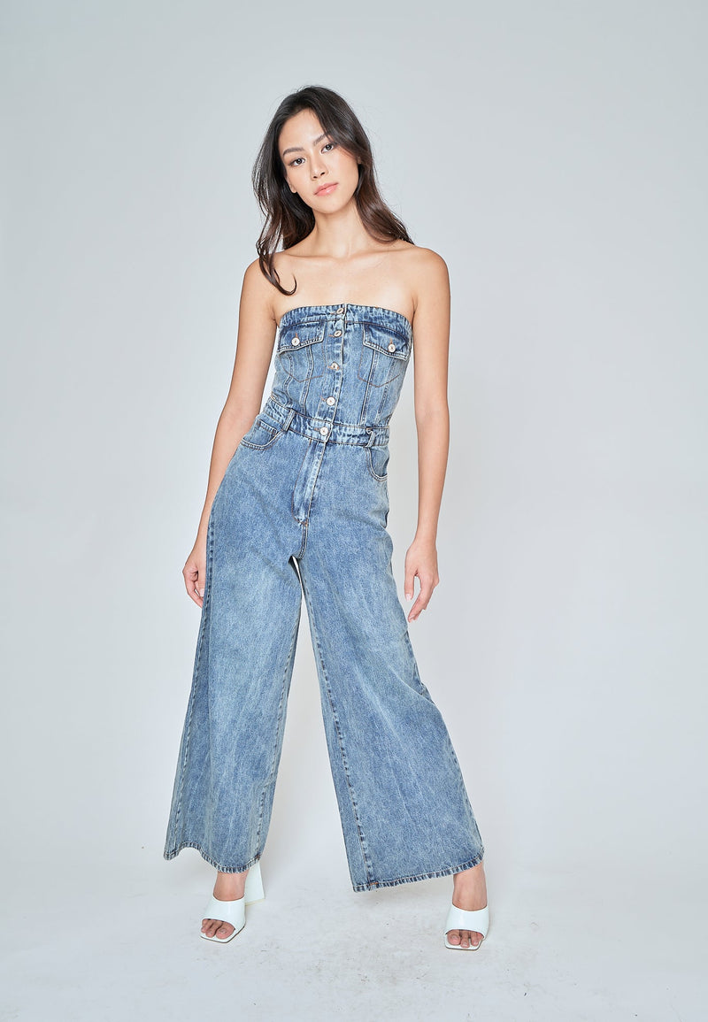 Anaya Blue Denim Multi-Pockets Side Waist Cut Tube Jumpsuit