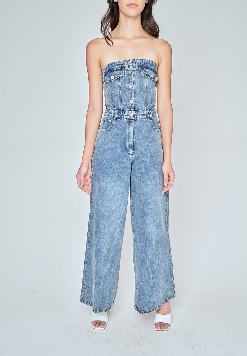 Anaya Blue Denim Multi-Pockets Side Waist Cut Tube Jumpsuit