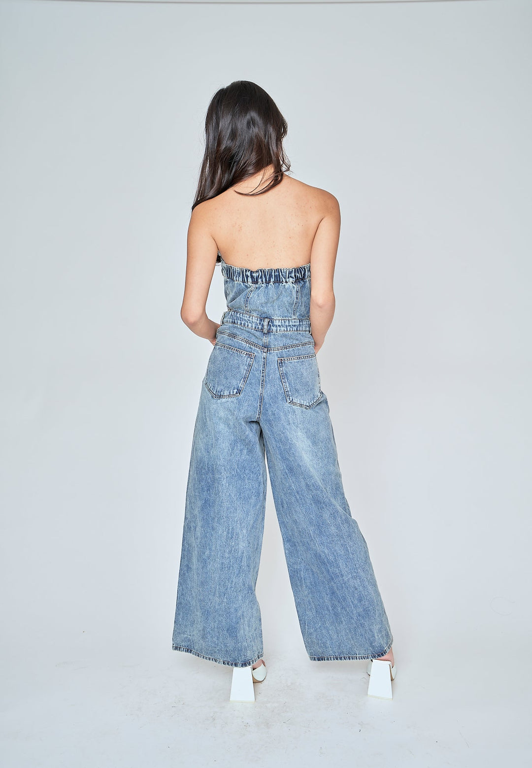 Anaya Blue Denim Multi-Pockets Side Waist Cut Tube Jumpsuit