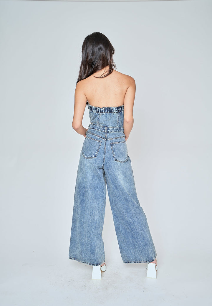Anaya Blue Denim Multi-Pockets Side Waist Cut Tube Jumpsuit