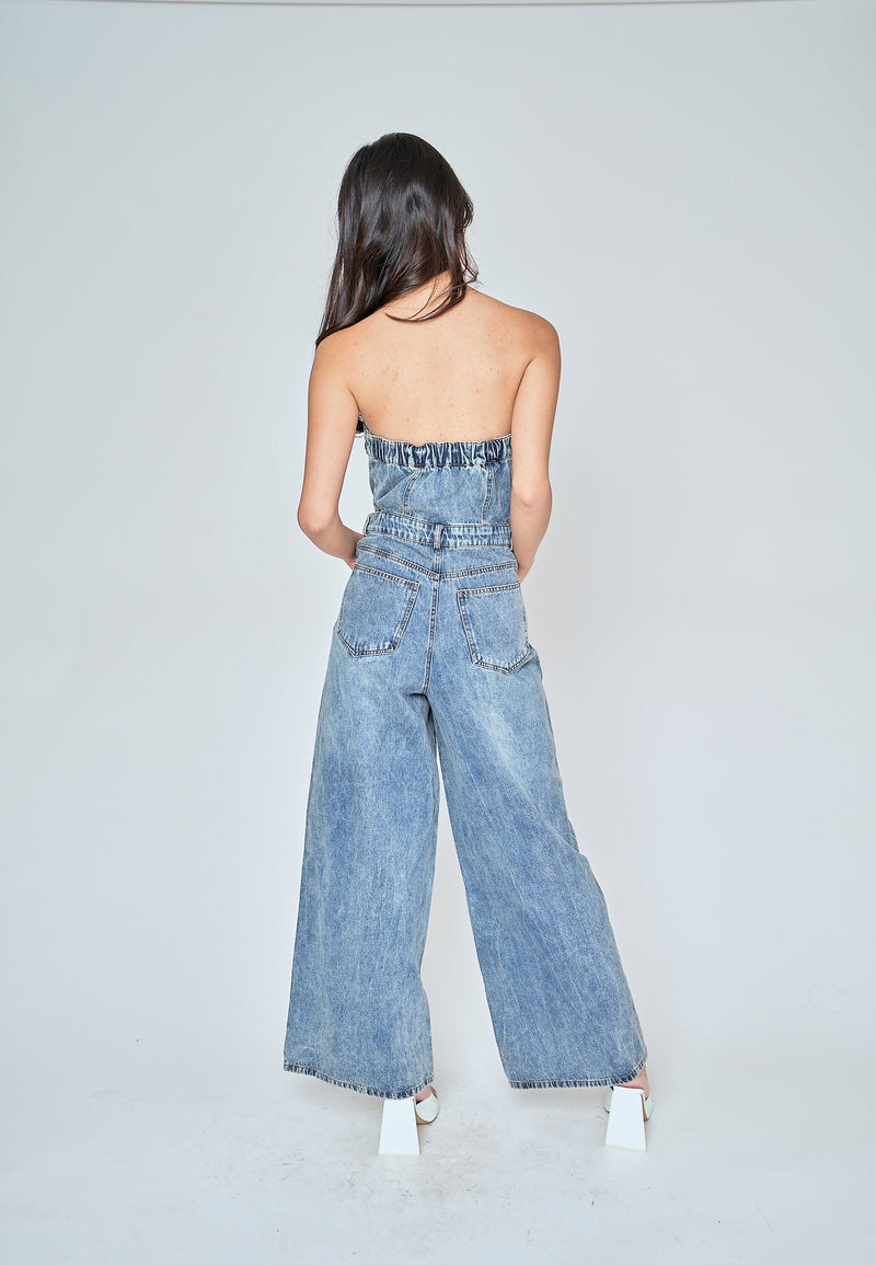 Anaya Blue Denim Multi-Pockets Side Waist Cut Tube Jumpsuit