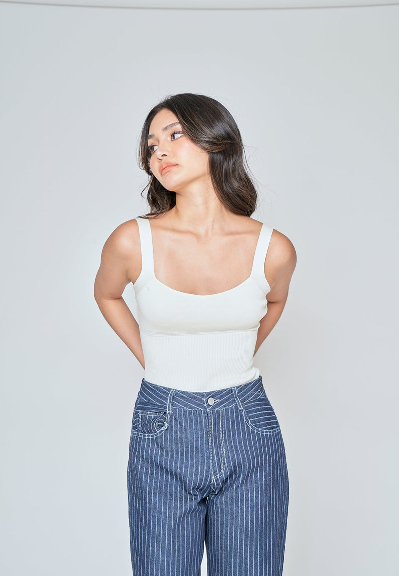 Siona Off White Knitted Scoop Neck Sleeveless Bodysuit