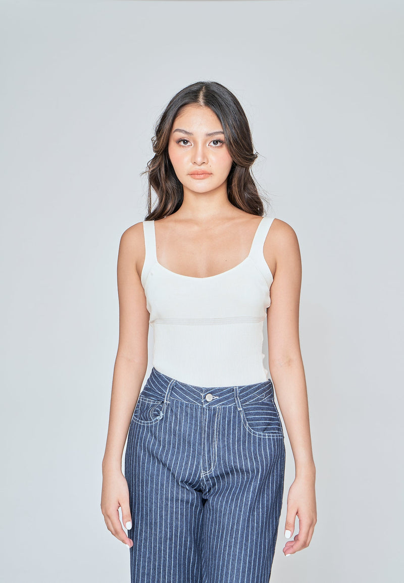 Siona Off White Knitted Scoop Neck Sleeveless Bodysuit