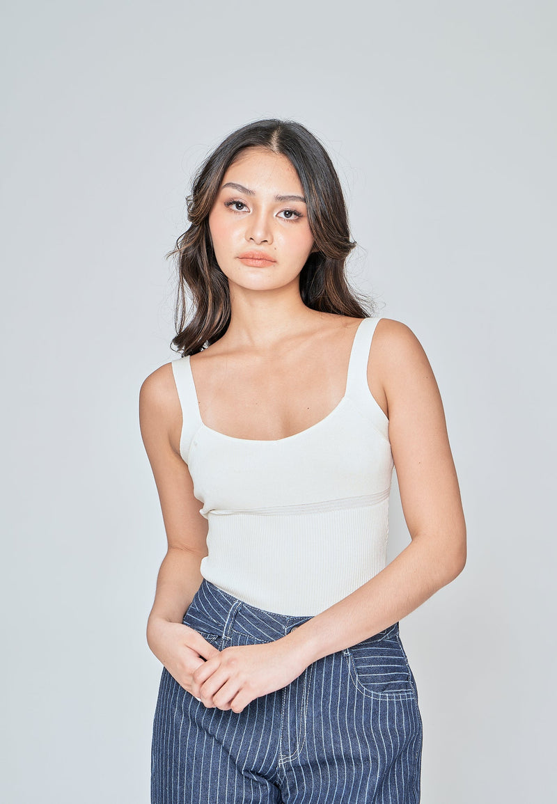 Siona Off White Knitted Scoop Neck Sleeveless Bodysuit