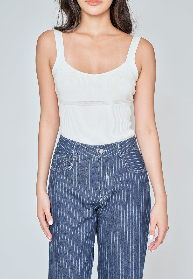 Siona Off White Knitted Scoop Neck Sleeveless Bodysuit