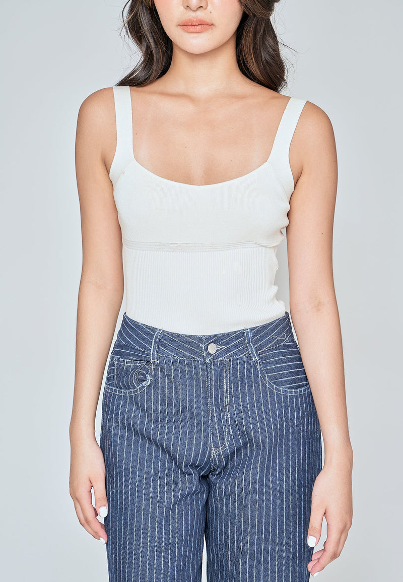 Siona Off White Knitted Scoop Neck Sleeveless Bodysuit