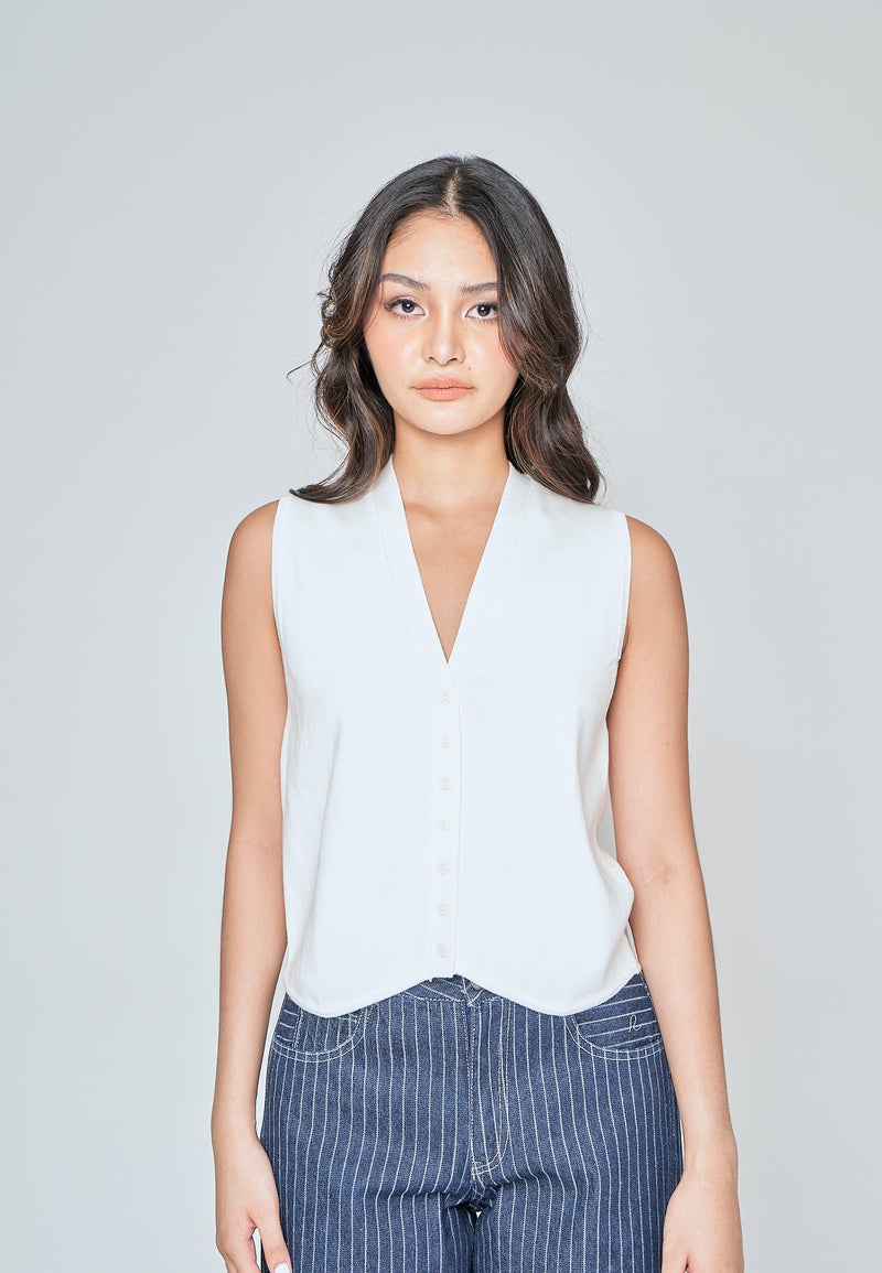 Verona White V Neck Button Down Sleeveless Top