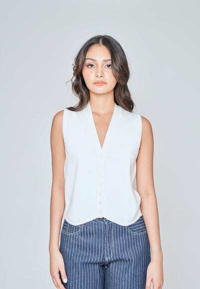 Verona White V Neck Button Down Sleeveless Top