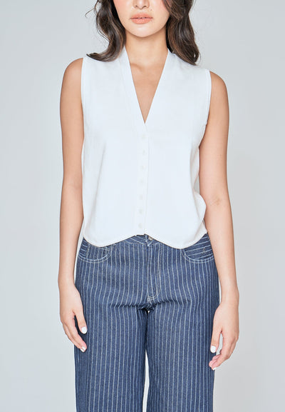 Verona White V Neck Button Down Sleeveless Top