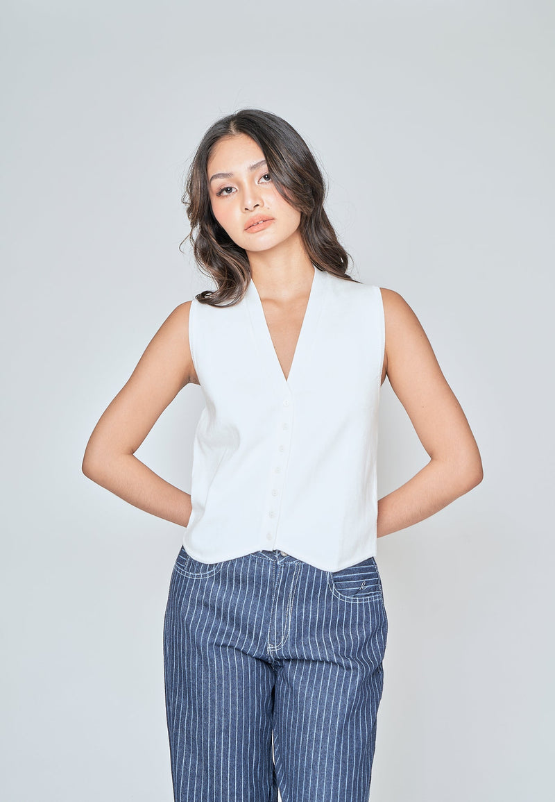 Verona White V Neck Button Down Sleeveless Top