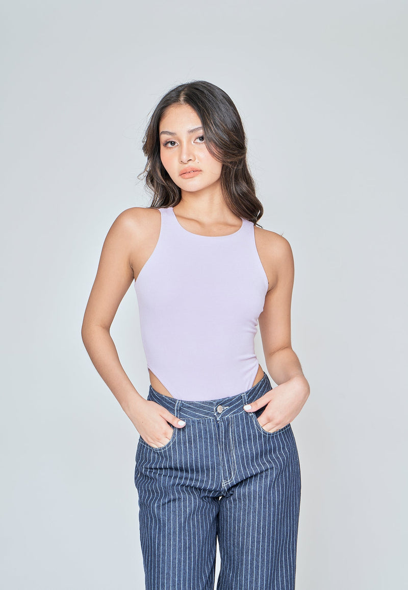 Kady Lilac Crew Neck Sleeveless High Cut Bodysuit