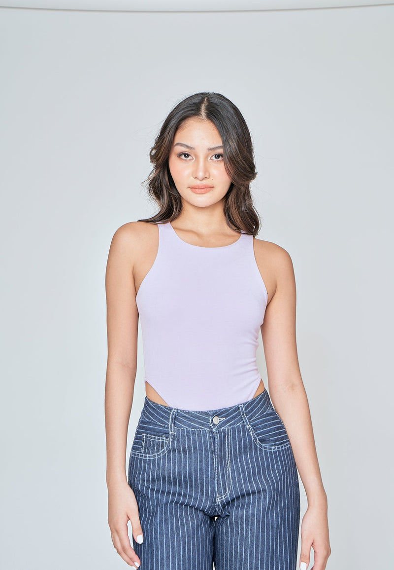 Kady Lilac Crew Neck Sleeveless High Cut Bodysuit