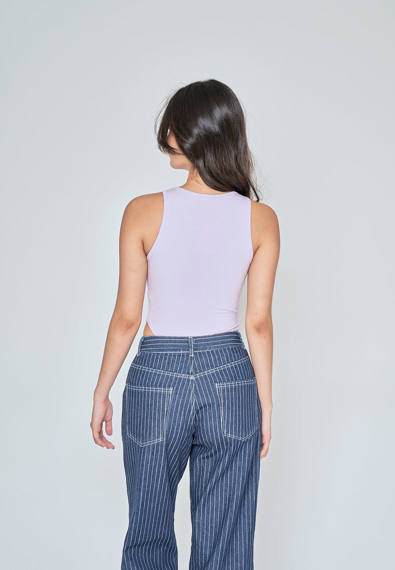 Kady Lilac Crew Neck Sleeveless High Cut Bodysuit