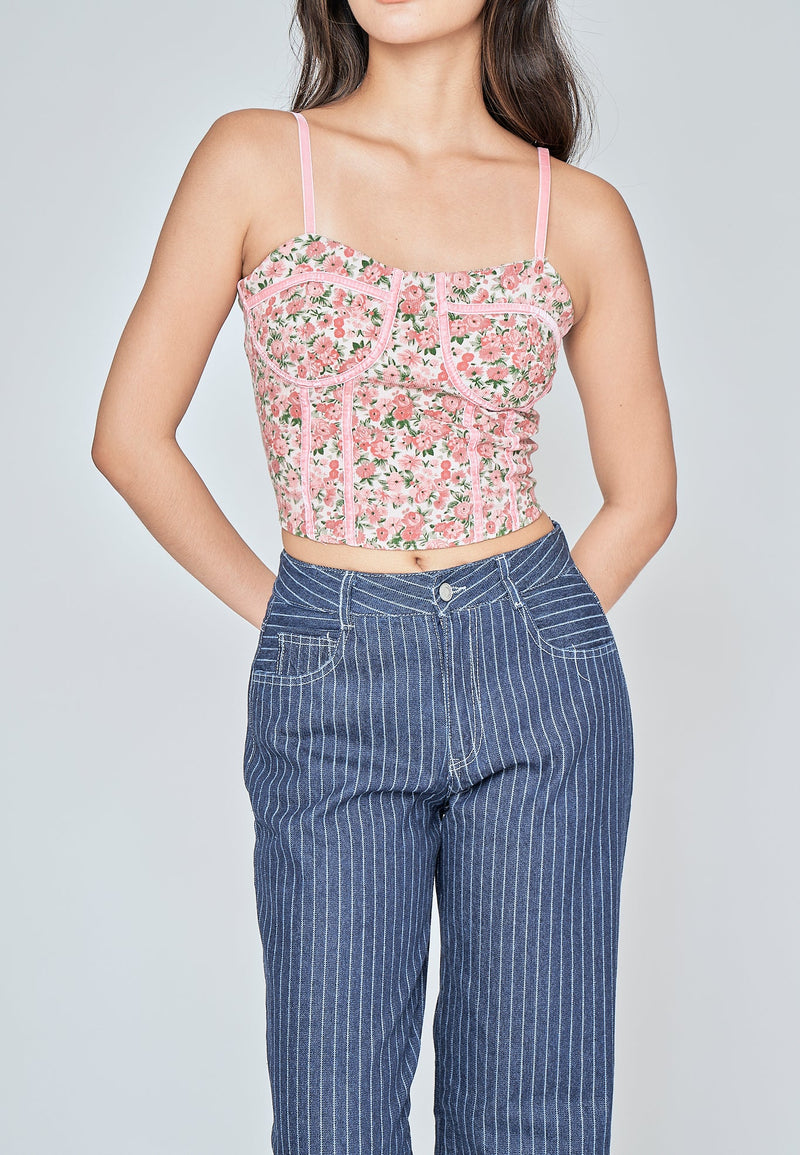 Parthena Pink Floral Print Shaped Bust Lined Sleeveless Top