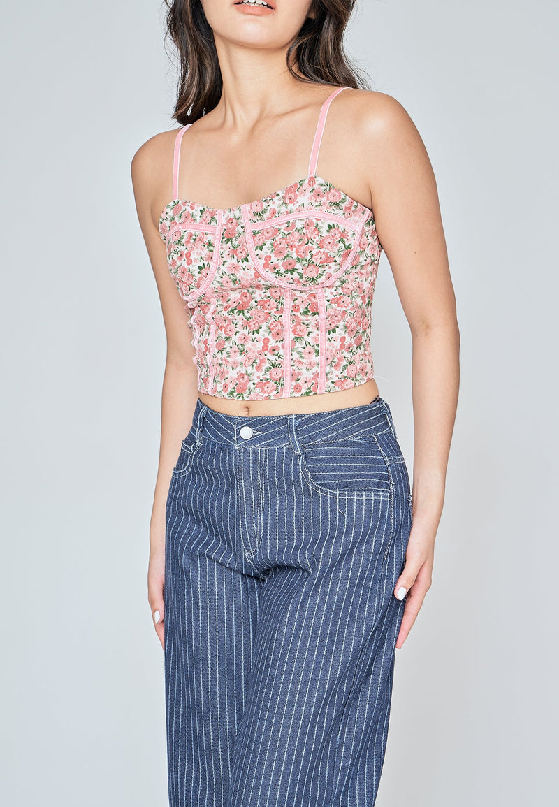 Parthena Pink Floral Print Shaped Bust Lined Sleeveless Top