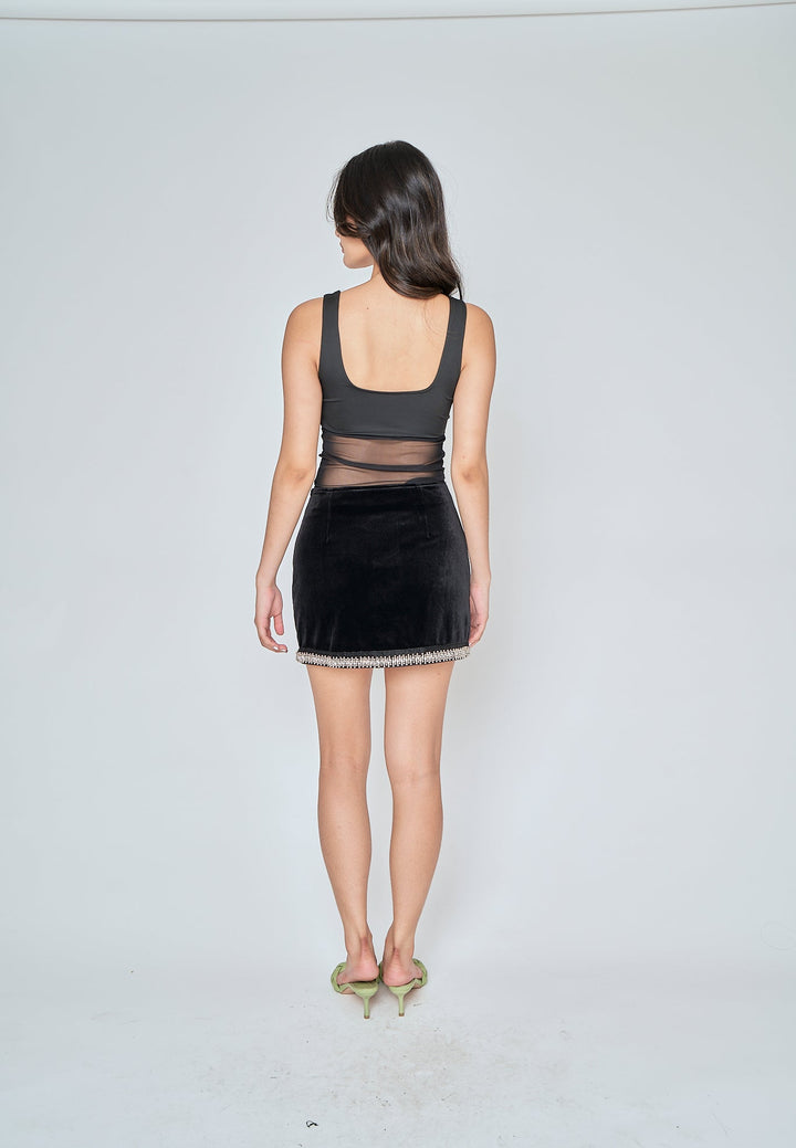 Giada Black Square Neck Sleeveless Half Mesh Bodysuit
