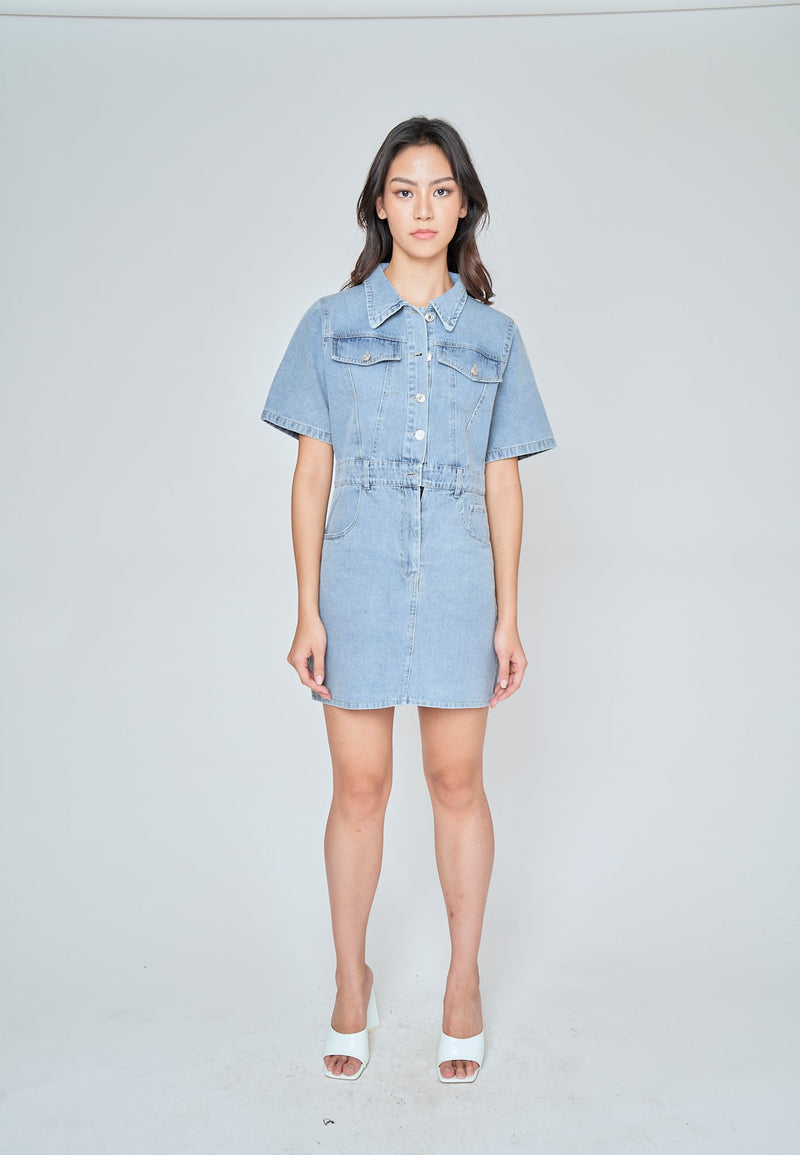 Corinth Light Blue Denim Turn Down Collar Short Sleeves Multi-Pocket Mini Dress