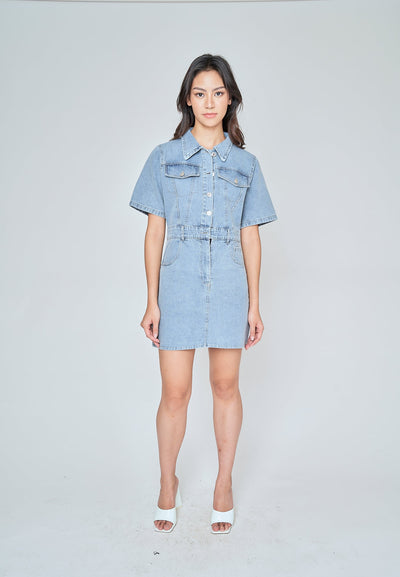 Corinth Light Blue Denim Turn Down Collar Short Sleeves Multi-Pocket Mini Dress
