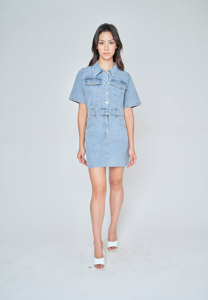 Corinth Light Blue Denim Turn Down Collar Short Sleeves Multi-Pocket Mini Dress