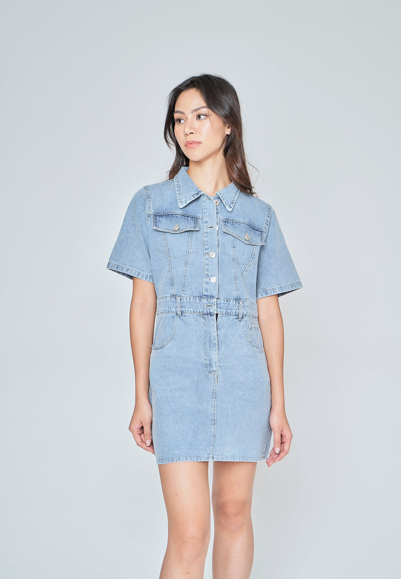 Corinth Light Blue Denim Turn Down Collar Short Sleeves Multi-Pocket Mini Dress