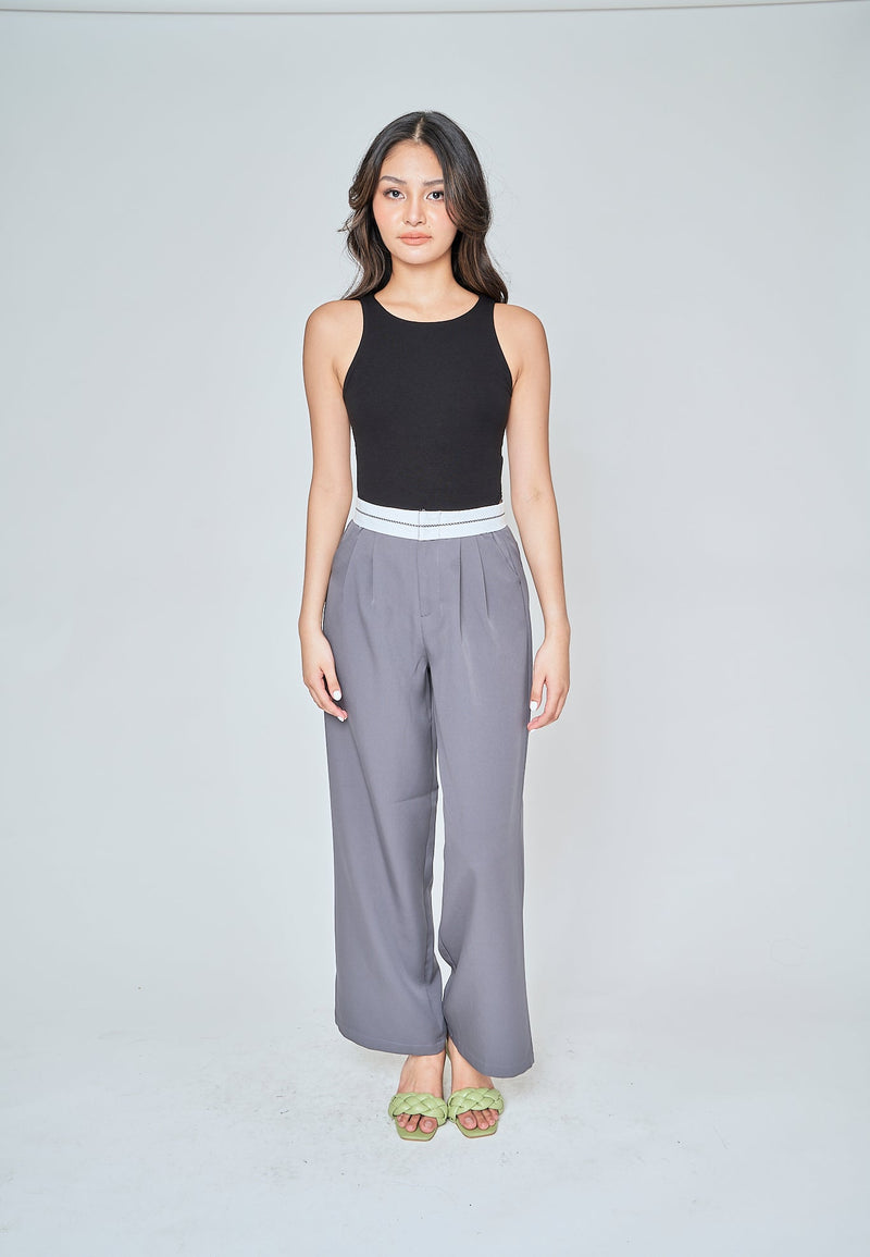 Jorren Grey Zipper Fly White Waistline Pleated Staright Cut Trouser